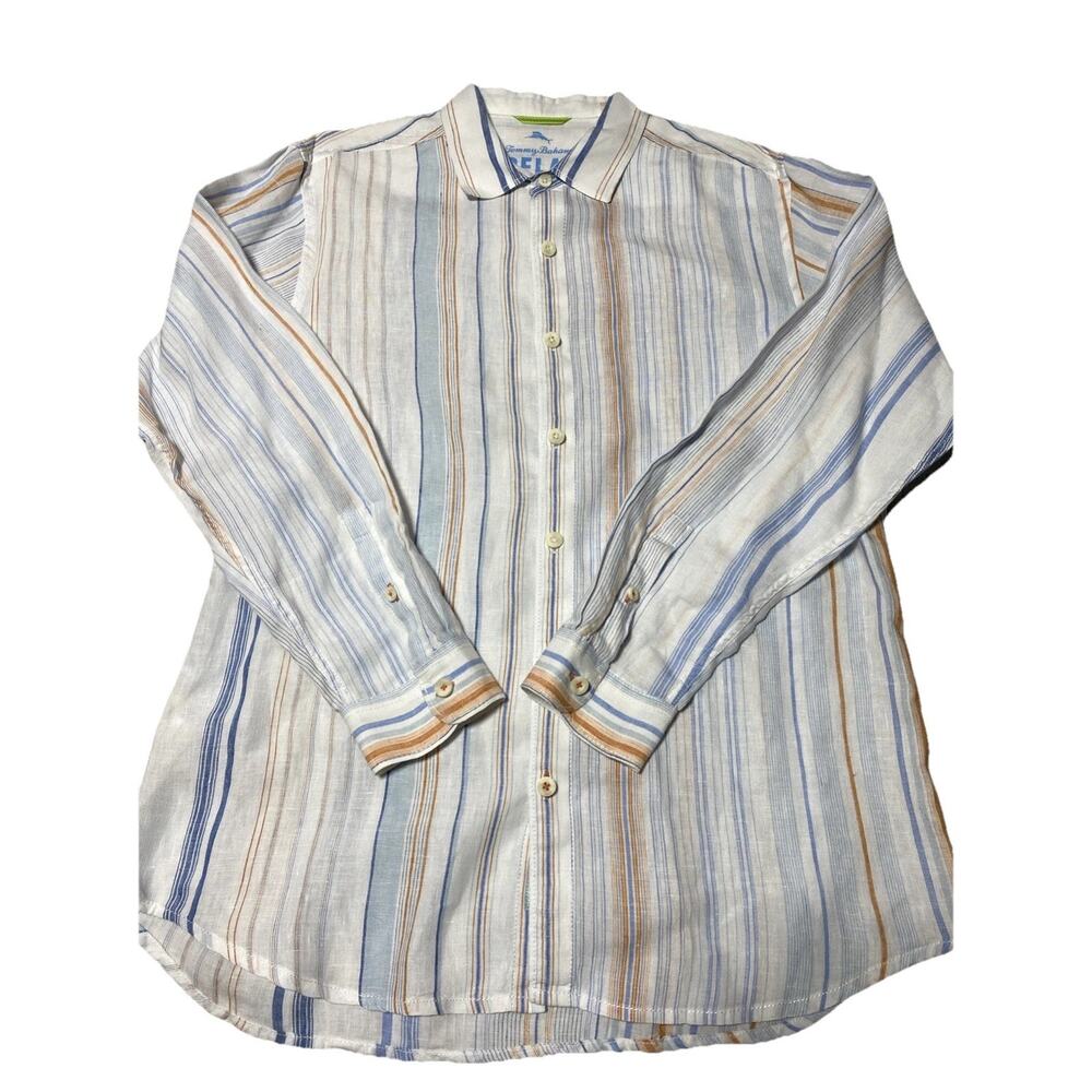 Tommy Bahama Shirt Mens Large White Striped Linen Relax Beach Tropical Summer